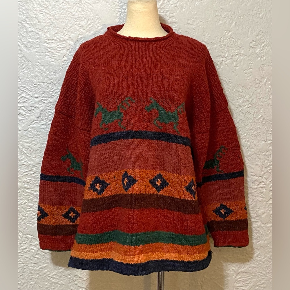 Vintage AMANO Hand Knit Wool  Aztec Horses Sweater L XL